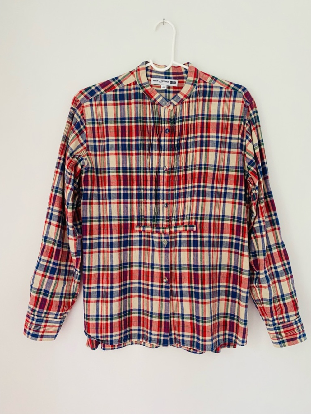 Plaid Linen Button-Down Shirt in Cream, Red & Blue